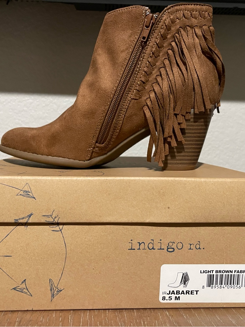 New In Box - Indigo Light Brown Fringe Suede Ankle Boot (size 8.5)